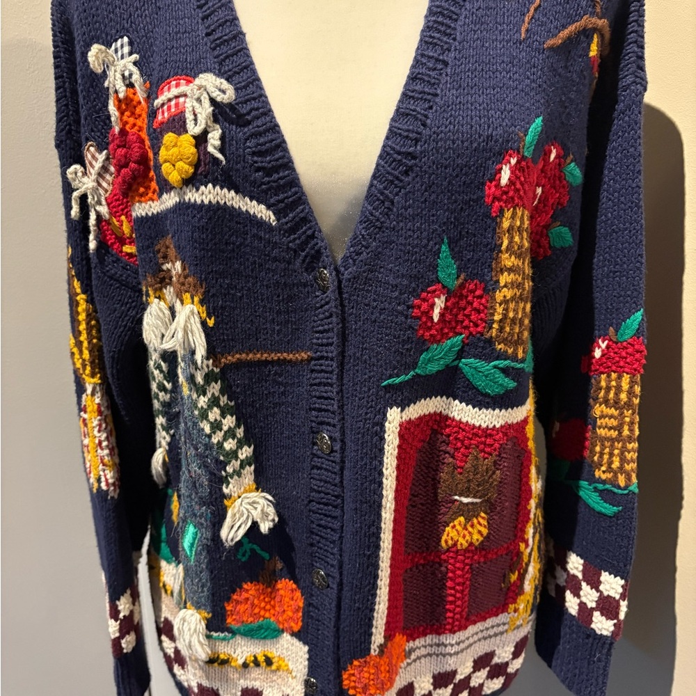 VTG Croft & Barrow Autumn/Fall Scarecrow, Apples, Pumpkin Blue Cardigan Medium